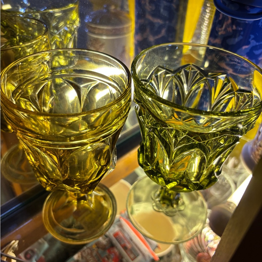 One Anchor Hocking Fairfield Amber and One Noritake Perspective Green Goblet